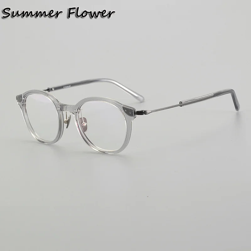 Summer Flower Women's Full Rim Round Acetate Titanium Eyeglasses 742003 Full Rim Summer Flower Transparent Gray