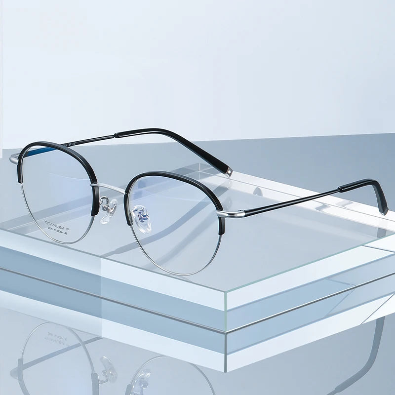 Reven Jate Unisex Semi Rim Oval Round Titanium Eyeglasses 52039