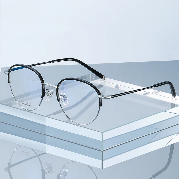 Reven Jate Unisex Semi Rim Oval Round Titanium Eyeglasses 52039