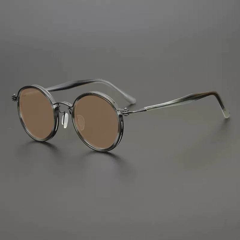 Gatenac Unisex Full Rim Round Polarized Acetate Titanium Sunglasses Mo10  FuzWeb  Stripe Brown  