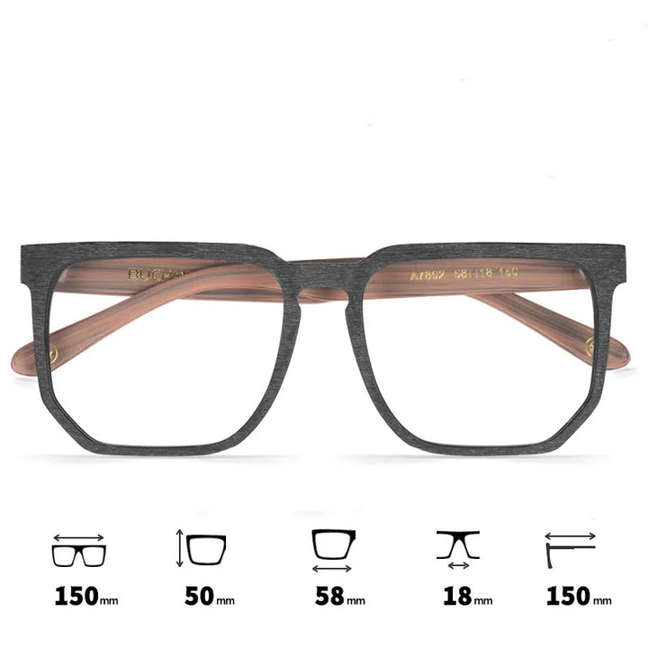 Hdcrafter Men's Full Rim Big Square Acetate Eyeglasses 76821 Full Rim Hdcrafter Eyeglasses Wood-Black-Brown  