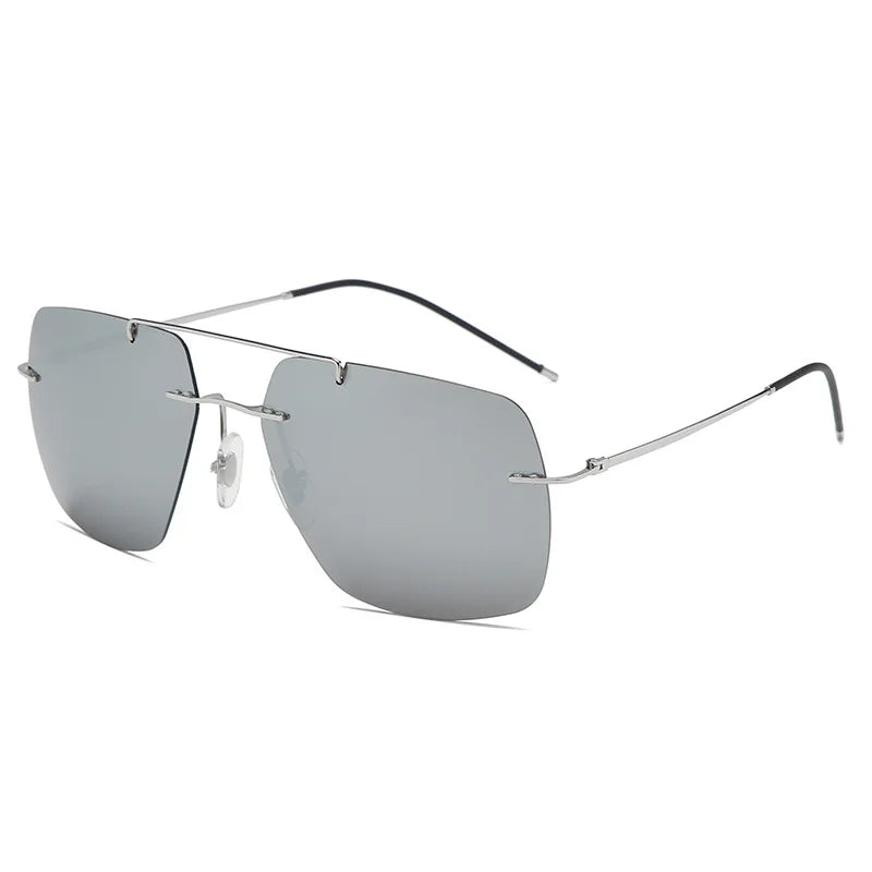 Hdcrafter Unisex Rimless Square Double Bridge Titanium Sunglasses 98027 Sunglasses HdCrafter Sunglasses Silver