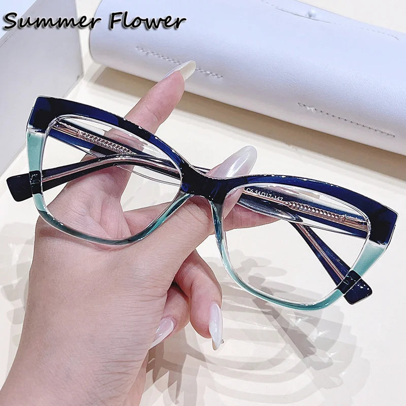 Summer Flower Women's Full Rim Square Cat Eye Tr 90 Titanium Eyeglasses 76034 Full Rim Summer Flower Blue and Green