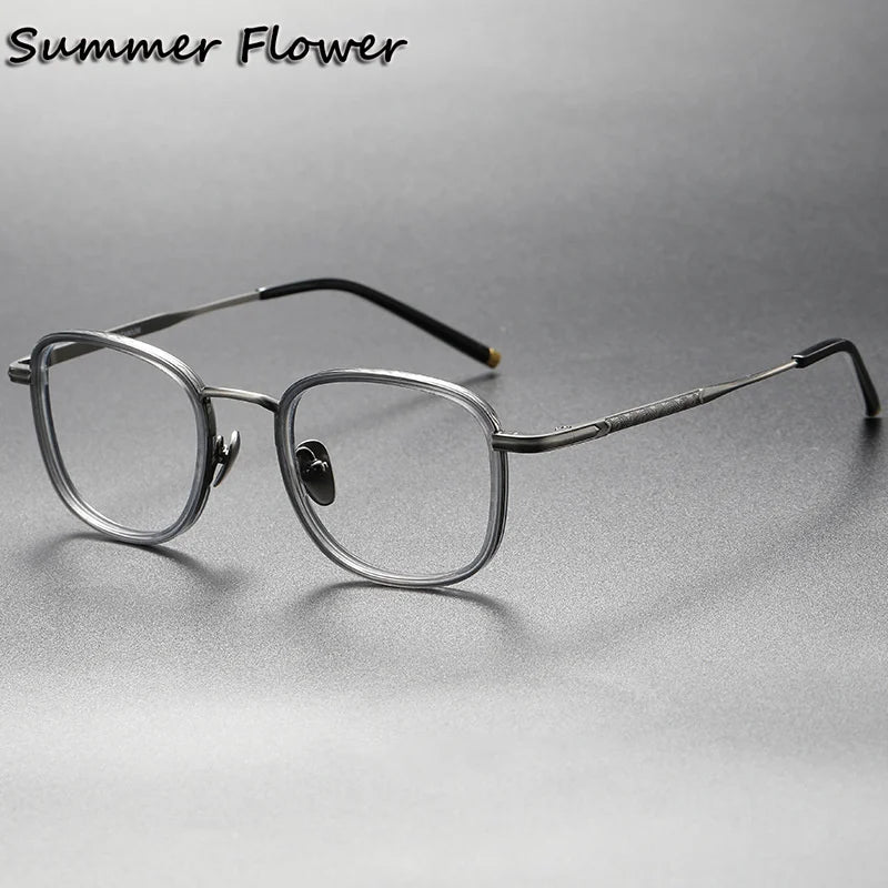 Summer Flower Unisex Full Rim Square Acetate Titanium Eyeglasses 14522 Full Rim Summer Flower Gray Transparent