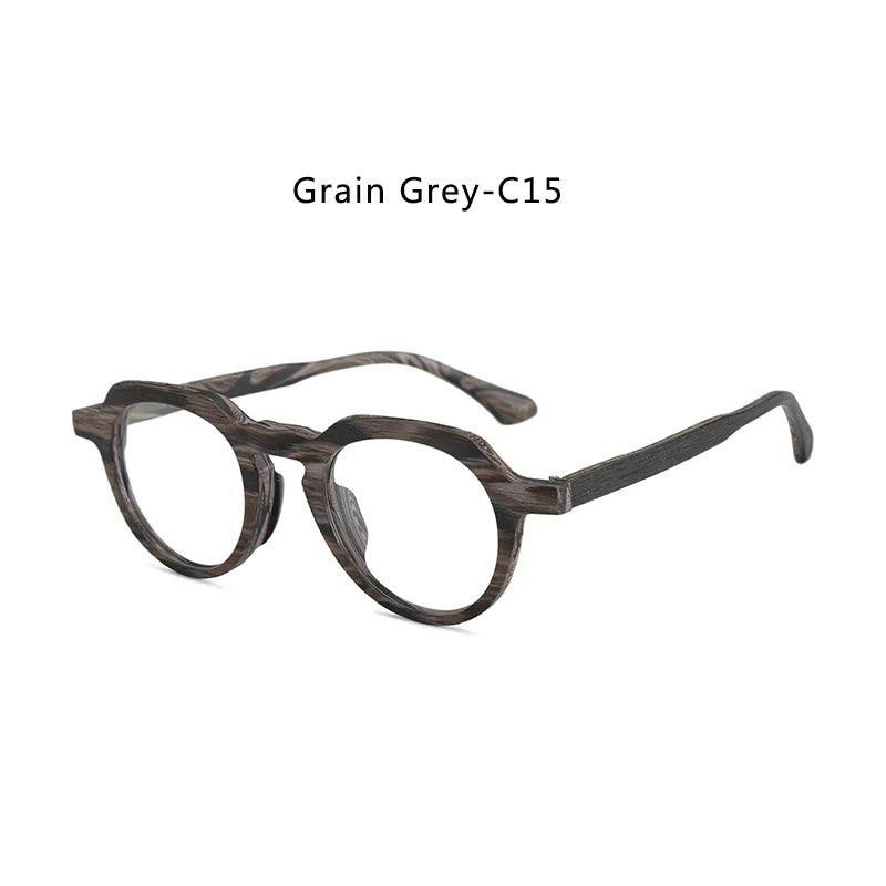 Hdcrafter Unisex Full Rim Flat Top Round Wood Eyeglasses 2310 Full Rim Hdcrafter Eyeglasses Grain-Grey-C15  