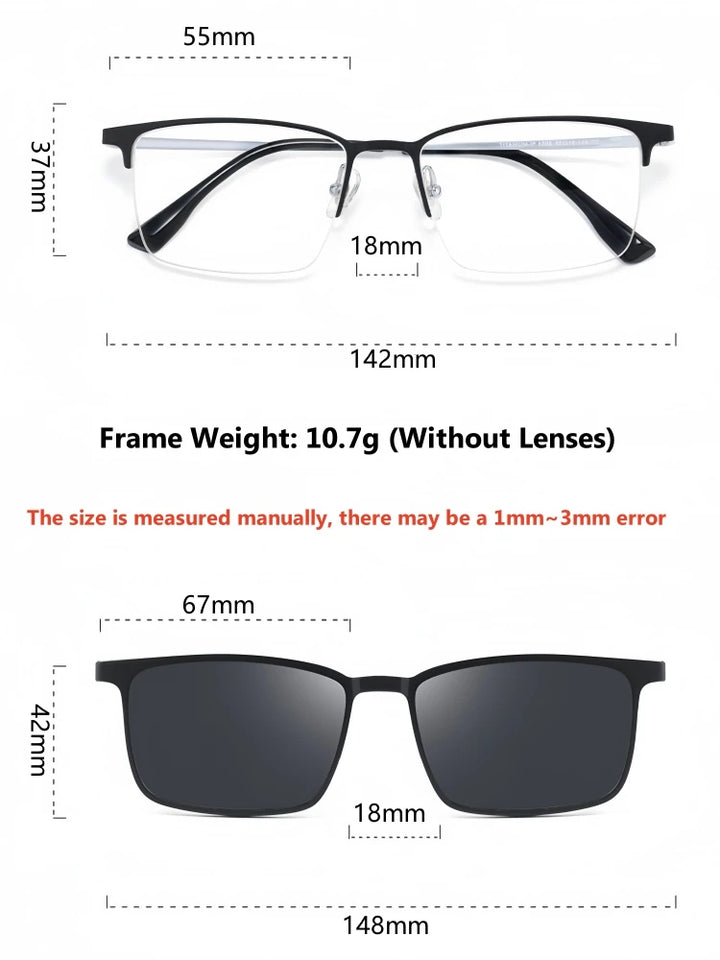 Yimaruili Men's Full Rim Square Titanium Eyeglasses Clip On Sunglasses 80084