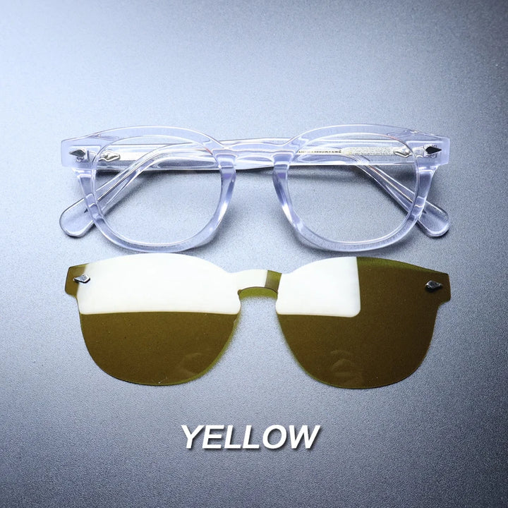 Gatenac Unisex Full Rim Round Acetate Optional Clip On Sunglasses 1237 Clip On Sunglasses Gatenac Transparent Yellow  