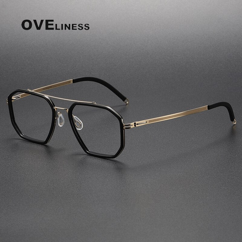 Oveliness Unisex Full Rim Square Double Bridge Acetate Titanium Eyeglasses 8202316 Full Rim Oveliness black gold  