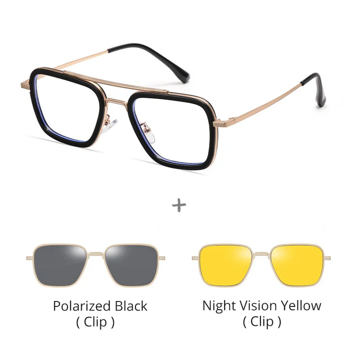 Ralferty Men's Full Rim Square Double Bridge Alloy Tr 90 Eyeglasses Clip On Sunglasses 517701