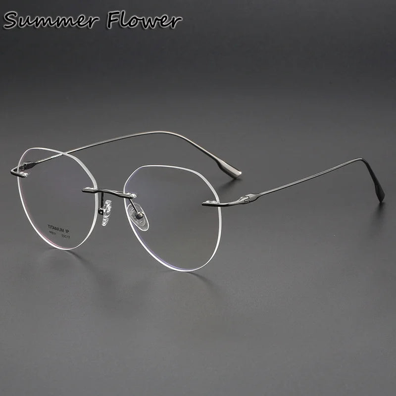 Summer Flower Women's Rimless Flat Top Round Titanium Eyeglasses 96611 Rimless Summer Flower Gray