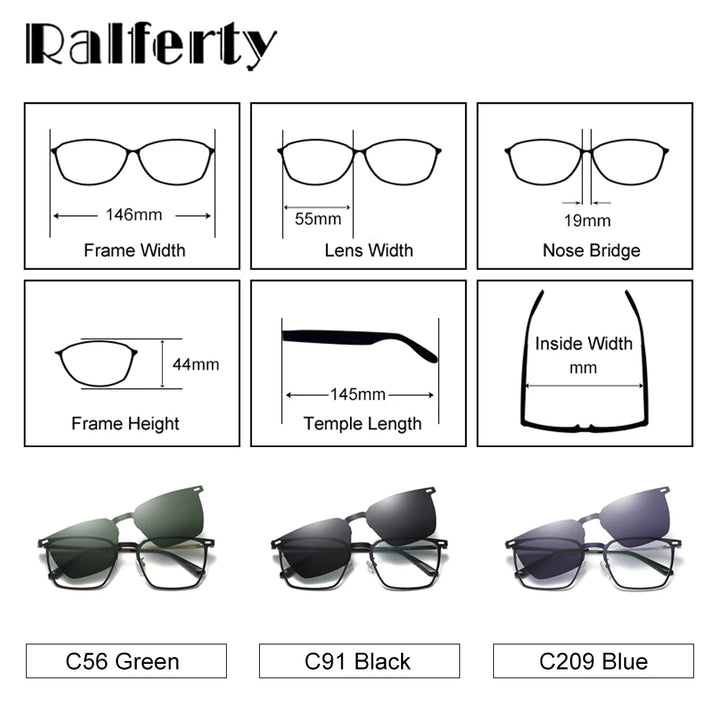 Ralferty Men's Full Rim Square Alloy Eyeglasses Clip On Polarized Sunglasses R8202 With Clip Ons Ralferty   