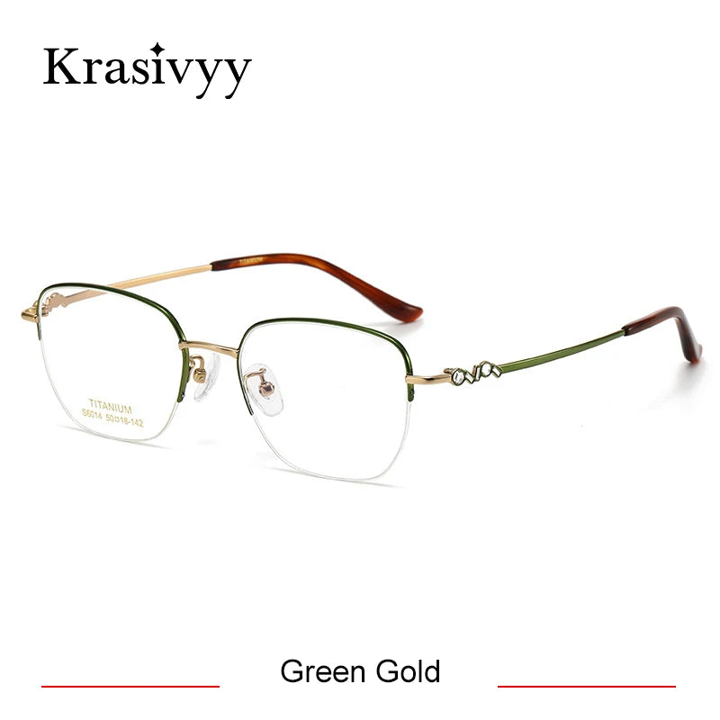 Krasivyy Women's Semi Rim Oval Square Titanium Eyeglasses 6014 Semi Rim Krasivyy Green Gold  