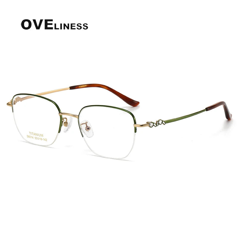 Oveliness Women's Semi Rim Square Oval Titanium Eyeglasses 6014 Semi Rim Oveliness green gold  