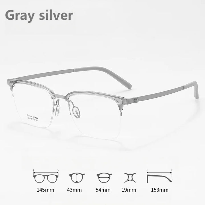 KatKani Mens Semi Rim Square Titanium Eyeglasses 2609 Semi Rim KatKani Eyeglasses Gray silver  