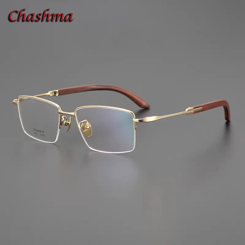 Chashma Ochki Unisex Semi Rim Square Titanium Wood Eyeglasses 312332