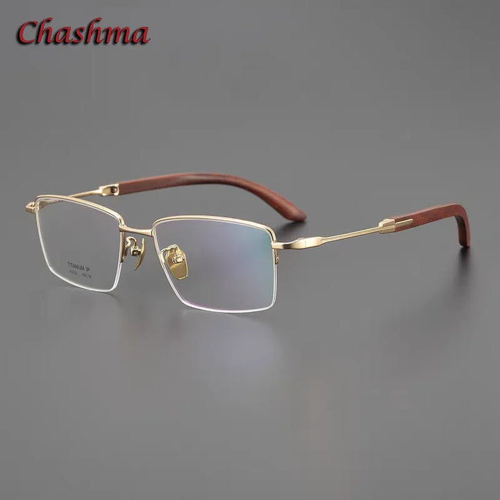 Chashma Ochki Unisex Semi Rim Square Titanium Wood Eyeglasses 312332