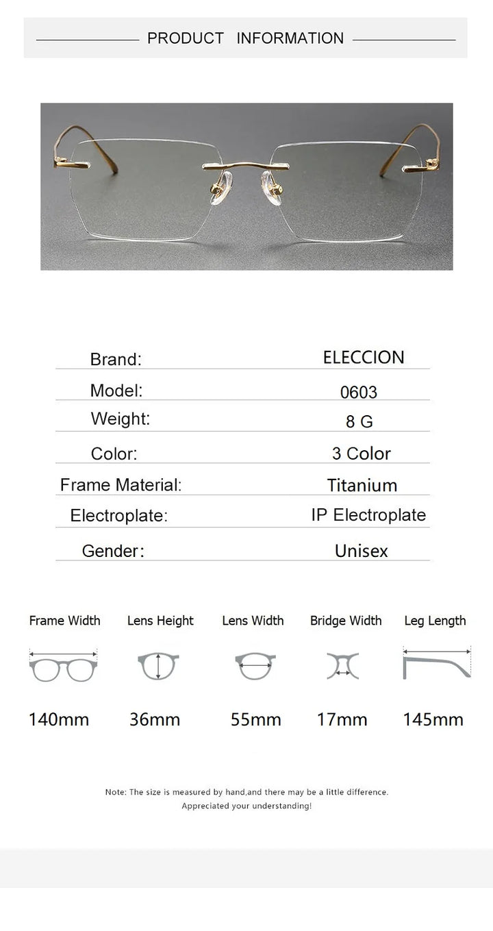 Eleccion Unisex Rimless Square Titanium Eyeglasses 44603 Rimless Eleccion