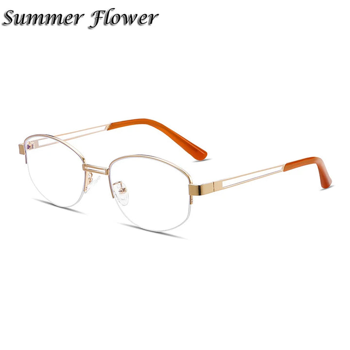 Summer Flower Unisex Semi Rim Oval Titanium Eyeglasses 202406 Semi Rim Summer Flower Light Gold