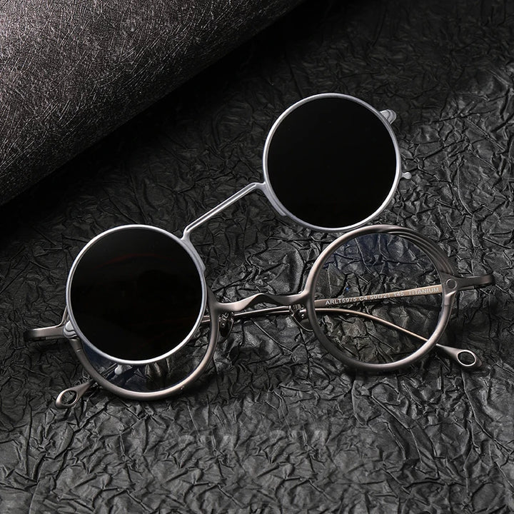 Black Mask Unisex Full Rim Round Titanium Eyeglasses Clip On Sunglasses 15975