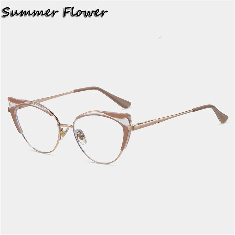 Summer Flower Women's Full Rim Oval Cat Eye Tr 90 Alloy Eyeglasses 87329 Full Rim Summer Flower Beige Pink