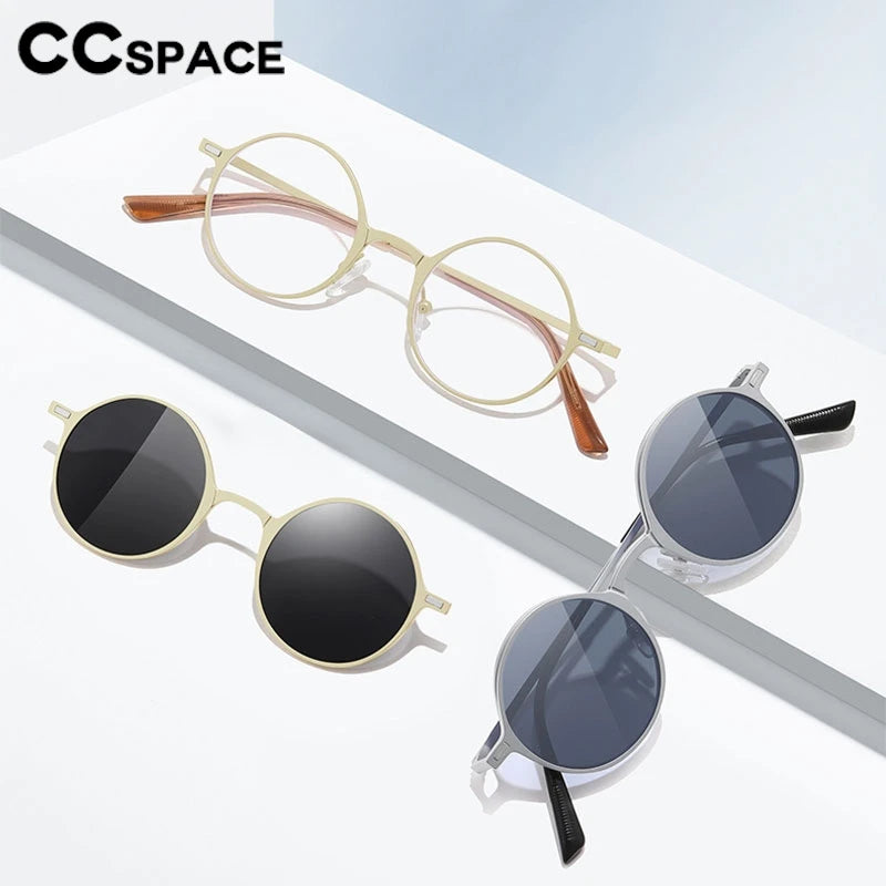 CCspace Women's Full Rim Round Alloy Eyeglasses Clip On Sunglasses 302147 With Clip Ons CCspace   