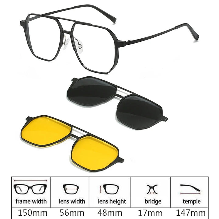 Hdcrafter Men's Full Rim Square Double Bridge Titanium Eyeglasses Clip On Sunglasses 275009