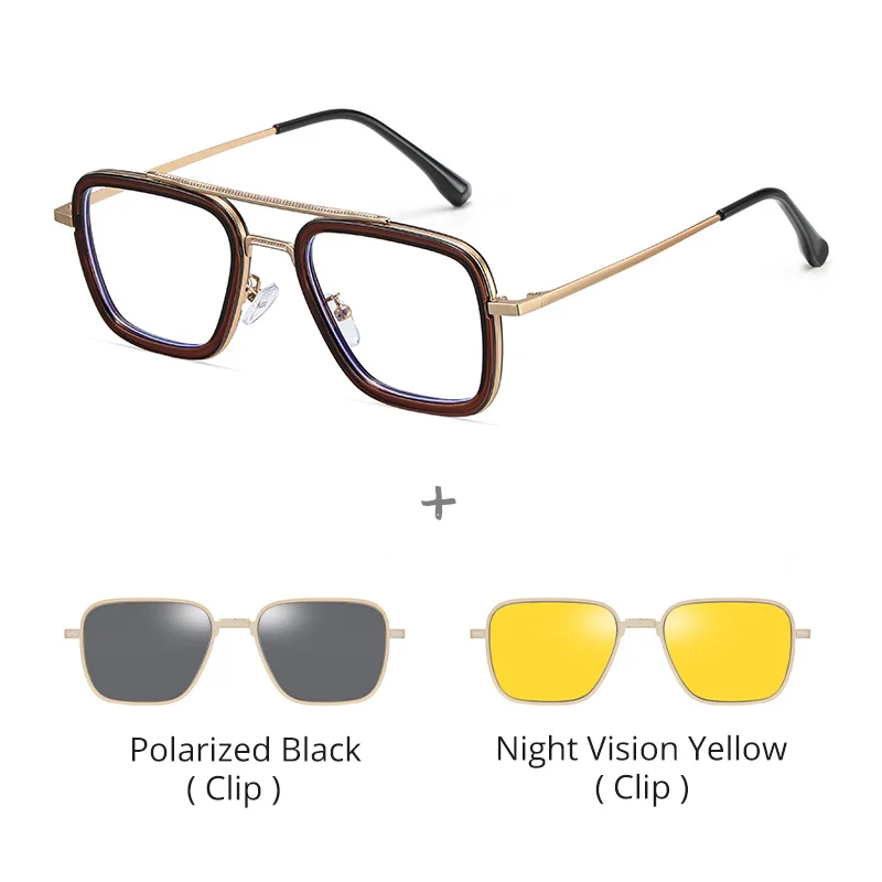 Ralferty Men's Full Rim Square Double Bridge Alloy Tr 90 Eyeglasses Clip On Sunglasses 517701