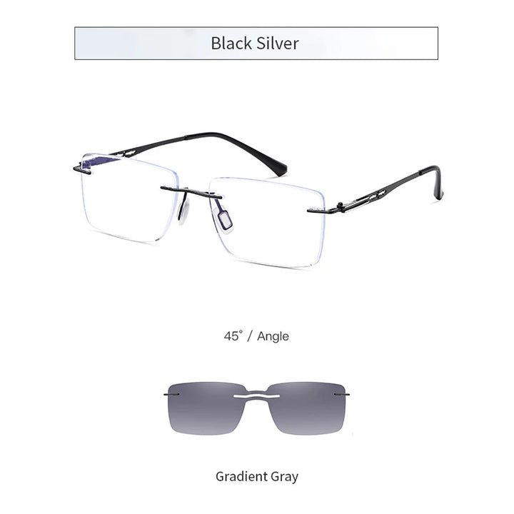 KatKani Unisex Rimless Square  Alloy Eyeglasses Clip On Polarized Sunglasses 5537 With Clip Ons KatKani Eyeglasses Black Silver  