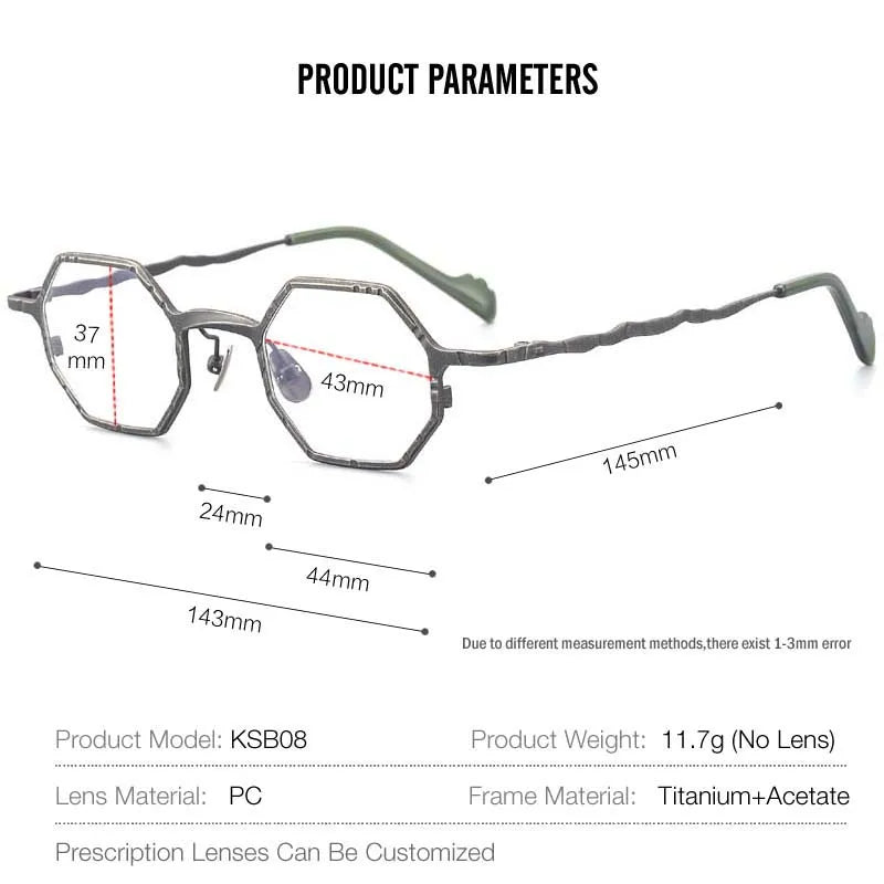 Muzz Unisex Full Rim Small Flat Top Polygon Titanium Eyeglasses 44208 Full Rim Muzz   