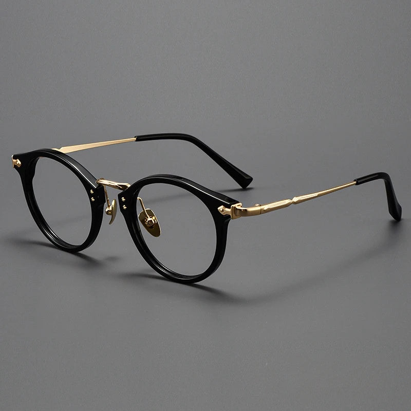 Yimaruili Unisex Full Rim Round Acetate Titanium Eyeglasses Y2055 Full Rim Yimaruili Eyeglasses Black Gold  