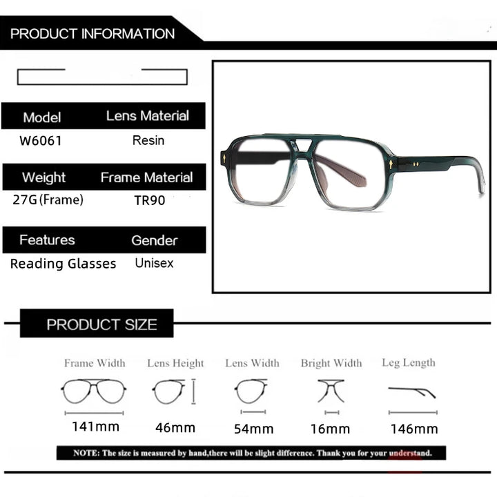 Kocolior Unisex Full Rim Square Double Bridge Tr 90 Alloy Reading Glasses 76061