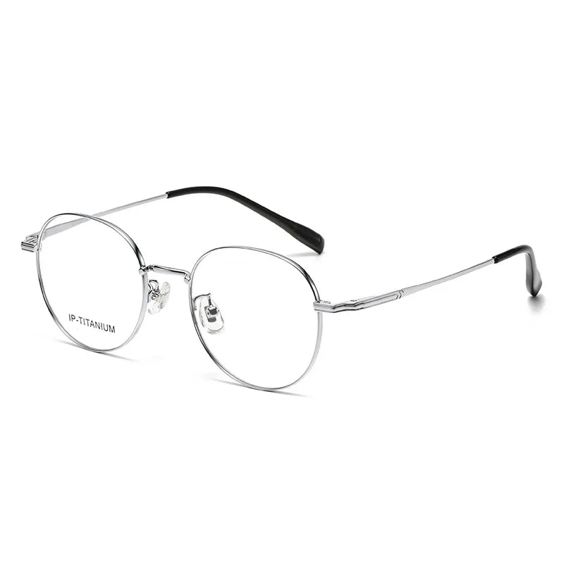 KatKani Unisex Full Rim Flat Top Round Titanium Eyeglasses 98587 Full Rim KatKani Eyeglasses Silver  