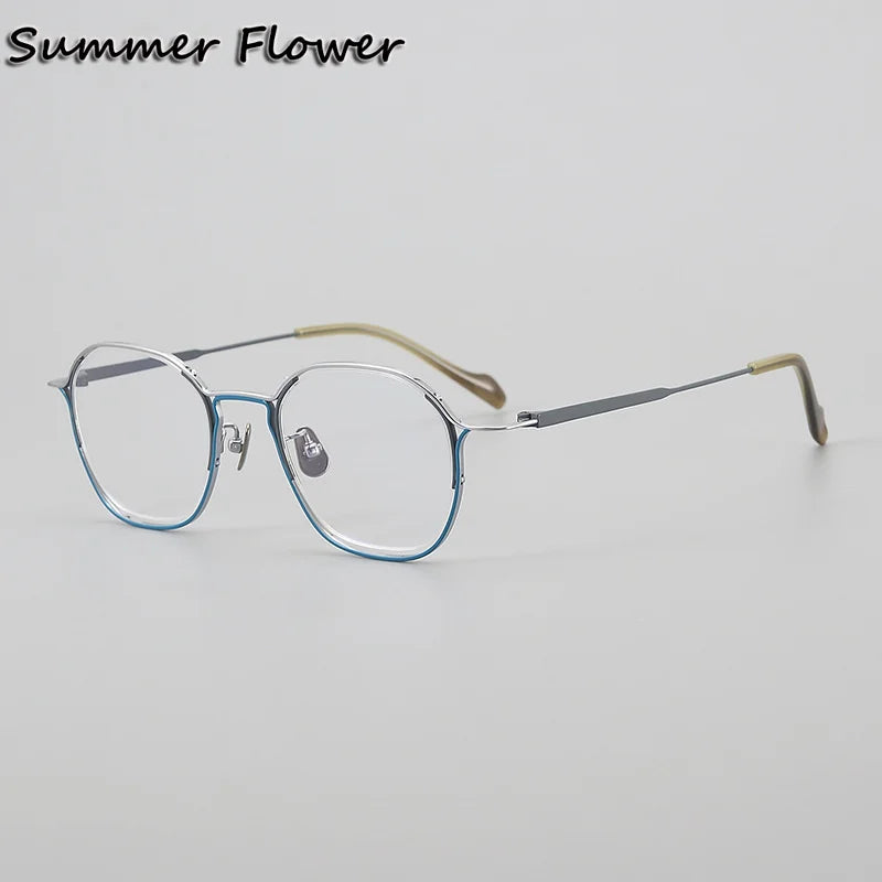 Summer Flower Unisex Full Rim Polygon Oval Titanium Eyeglasses 821004 Full Rim Summer Flower Silver Blue