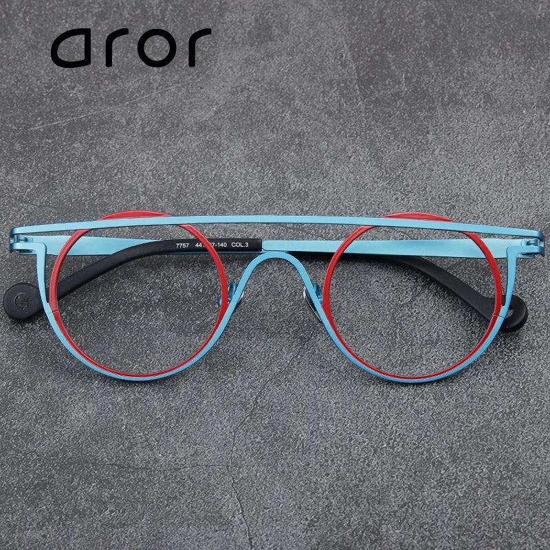 Aror Unisex Full Rim Round Brow Line Double Bridge Titanium Eyeglasses 47757 Full Rim Aror