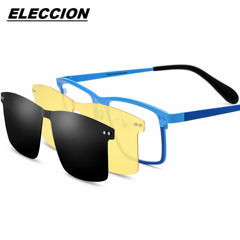 Eleccion Unisex Full Rim Square Titanium Eyeglasses Clip On Sunglasses 1857 With Clip Ons Eleccion Blue CHINA