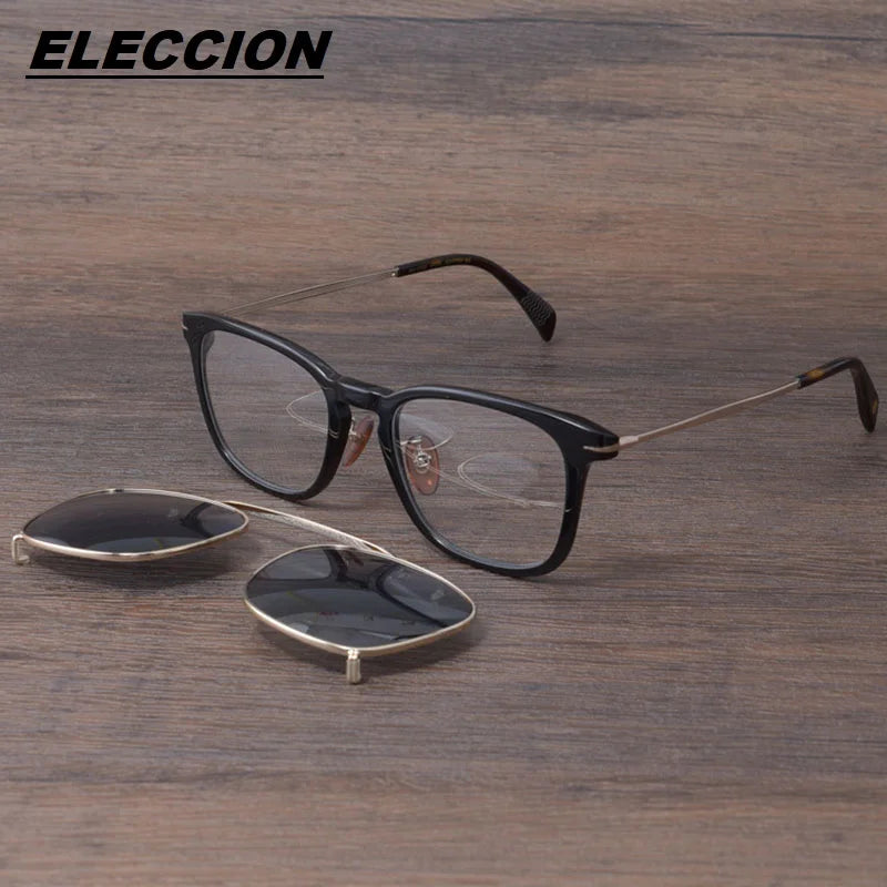 Eleccion Unisex Full Rim Square Acetate Titanium Eyeglasses Clip On Sunglasses 41037