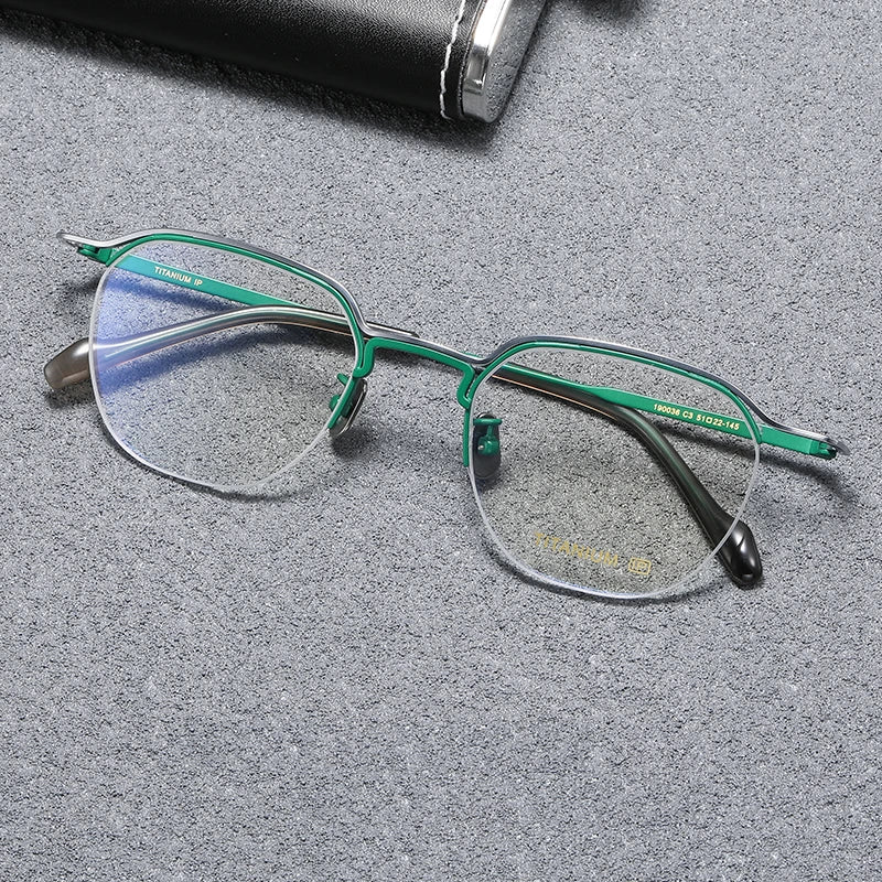 Black Mask Unisex Semi Rim Square Titanium Acetate Eyeglasses B0036 Semi Rim Black Mask Green-Silver  