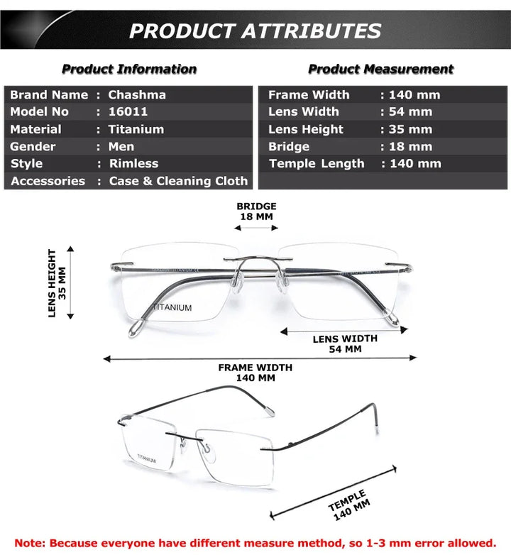 Chashma Ottica 16011 unisex rimless titanium prescription eyeglasses — view 2