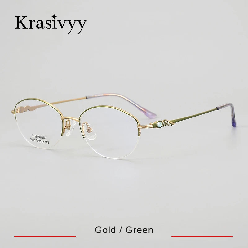 Krasivyy Women's Semi Rim Oval Square Titanium Eyeglasses 443003 Semi Rim Krasivyy Gold Green  