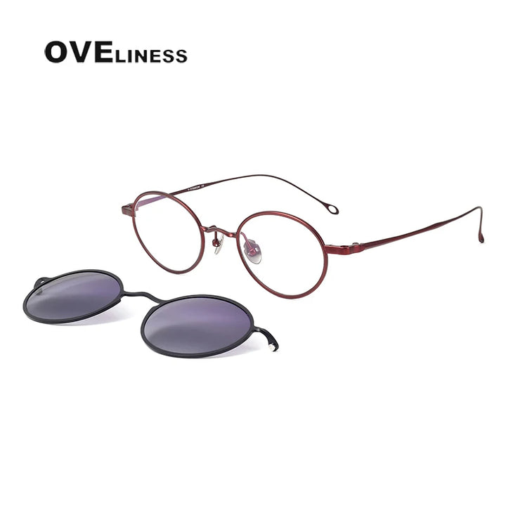 Oveliness Unisex Full Rim Oval Titanium Eyeglasses Clip On Sunglasses 42610 With Clip Ons Oveliness wine red black grey