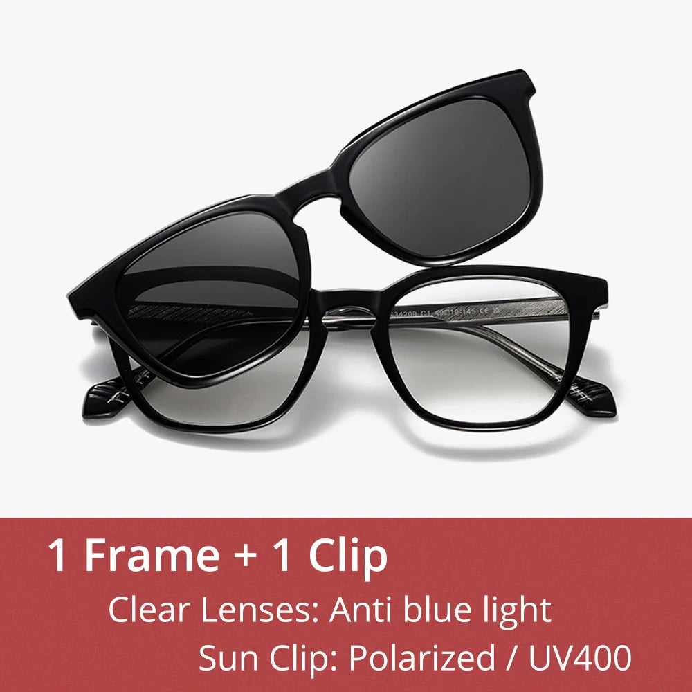 Ralferty Unisex Full Rim Square Acetate Tr 90 Eyeglasses Clip On Sunglasses 534209