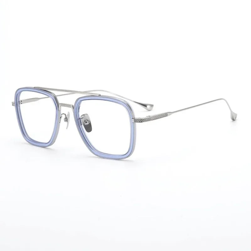 Hewei Unisex Full Rim Square Double Bridge Acetate Titanium Eyeglasses 2009 Full Rim Hewei blue silver  