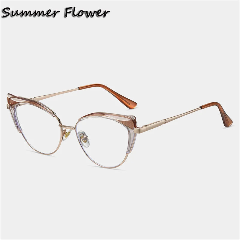 Summer Flower Women's Full Rim Oval Cat Eye Tr 90 Alloy Eyeglasses 87329 Full Rim Summer Flower Transparent Brown