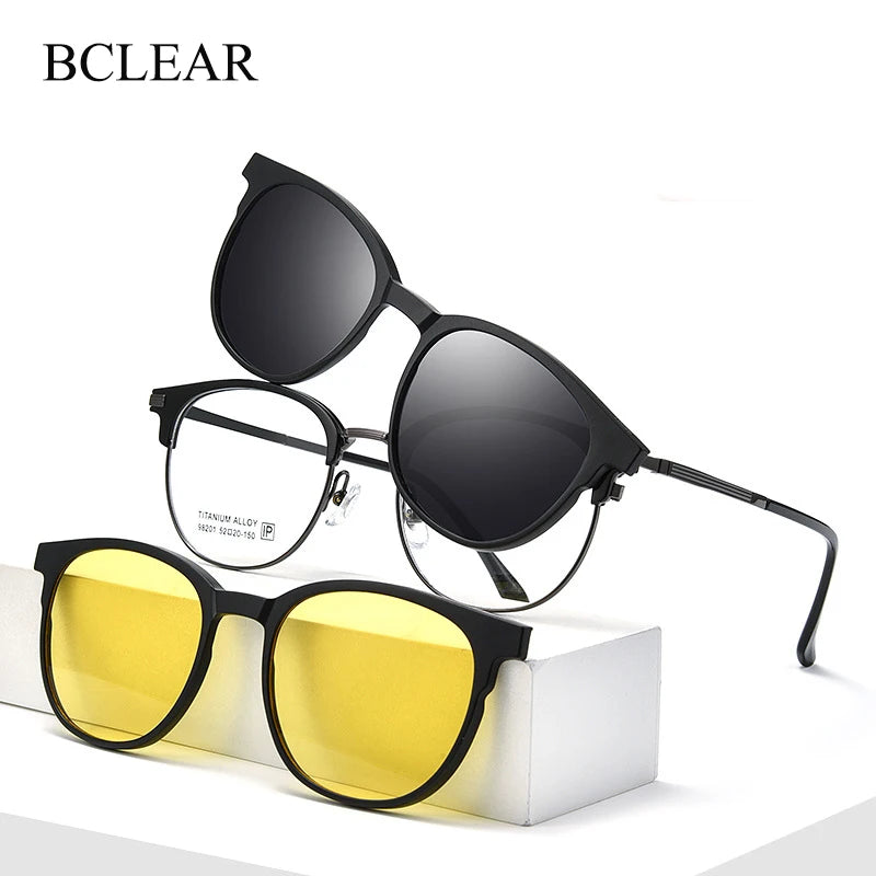 Bclear Unisex Full Rim Round Alloy Eyeglasses Clip On Polarized Sunglasses 9820 With Clip Ons Bclear   