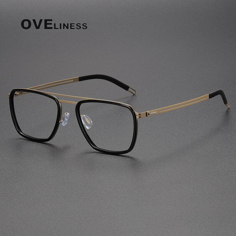 Oveliness Unisex Full Rim Square Double Bridge Titanium Eyeglasses 8202311 Full Rim Oveliness black gold  
