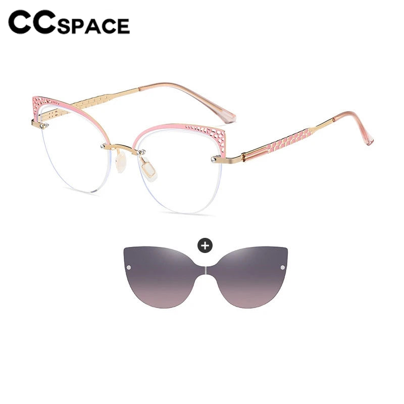 CCSpace Women's Full Rim Oval Cat Eye Alloy Eyeglasses Clip On Sunglasses 302035 With Clip Ons CCspace   