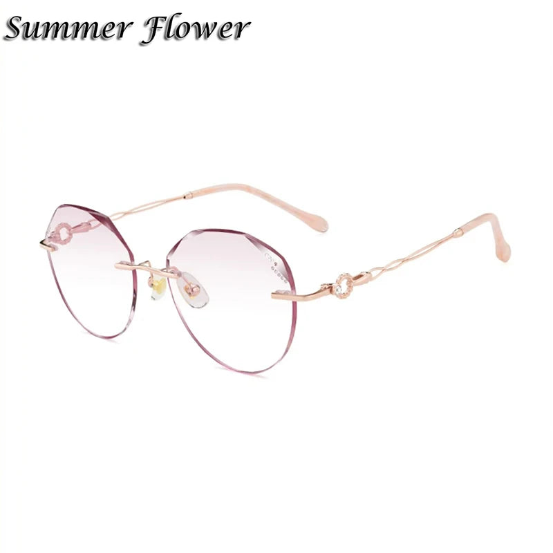 Summer Flower Women's Rimless Oval Round Titanium Eyeglasses 90376 Rimless Summer Flower Rose Gold Gray Red