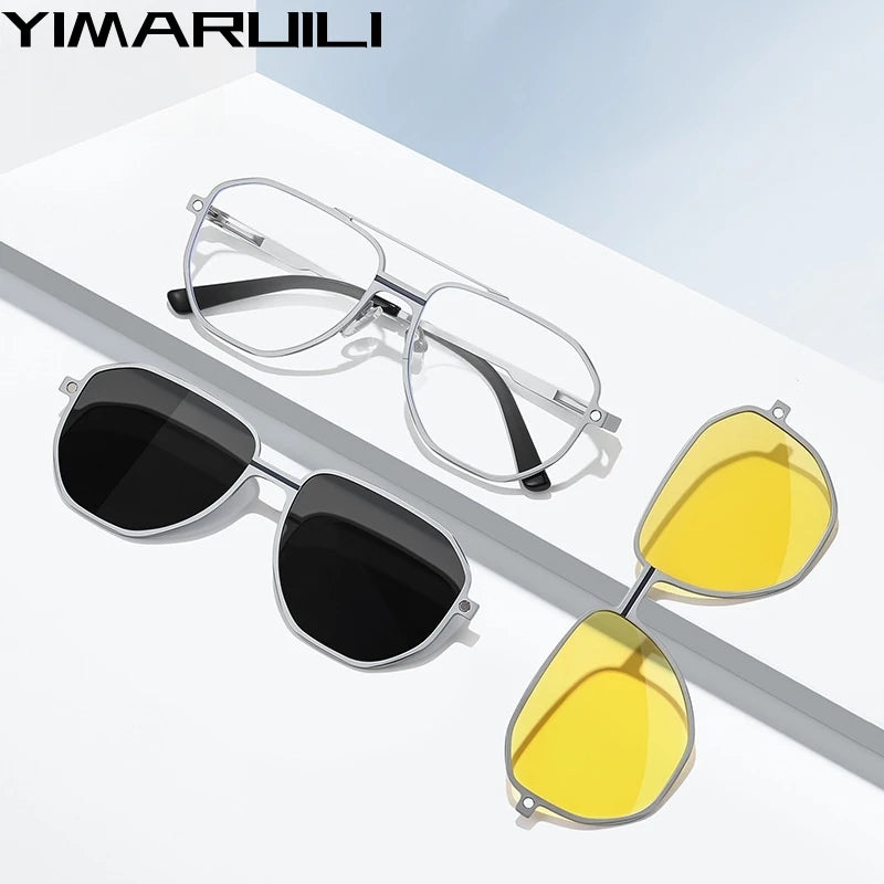 Yimaruili Women's Full Rim Squre Double Bridge Alloy Eyeglasses Clip On Sunglasses 70371