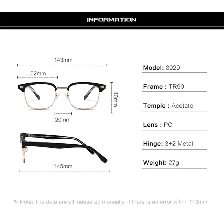 Hdcrafter Unisex Full Rim Square Tr 90 Acetate Eyeglasses 389291