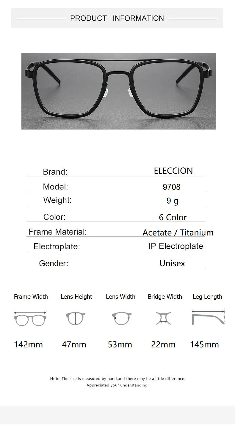 Eleccion Unisex Full Rim Square Double Bridge Titanium Eyeglasses 9708